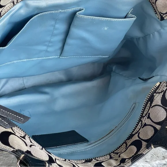 Coach Signature Canvas Leather Medium Tote Shoulder Bag Gray and Black Zip - Picture 8 of 15